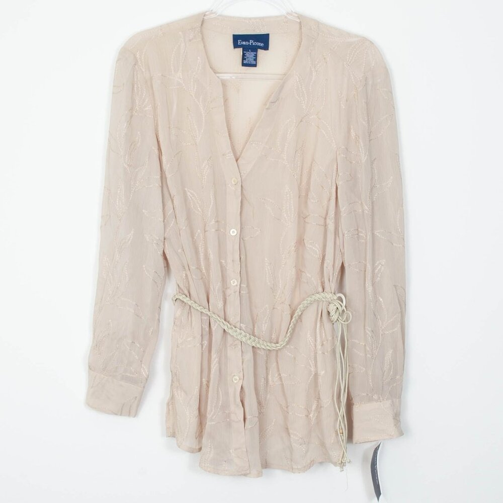 Evan Picone Womens Button Down Blouse Size L Cream Embroidered Bohemian NWT